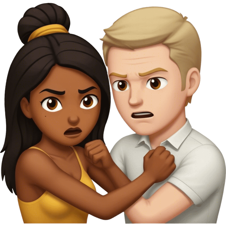 Brown skin woman white man with dark hair tussling emoji