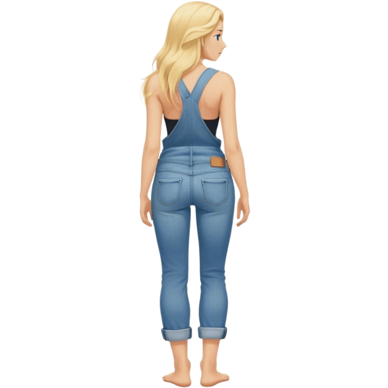 Barefoot blonde long haired girl in rolled up denim jeans with with tank top right hand in back pocket from the back emoji