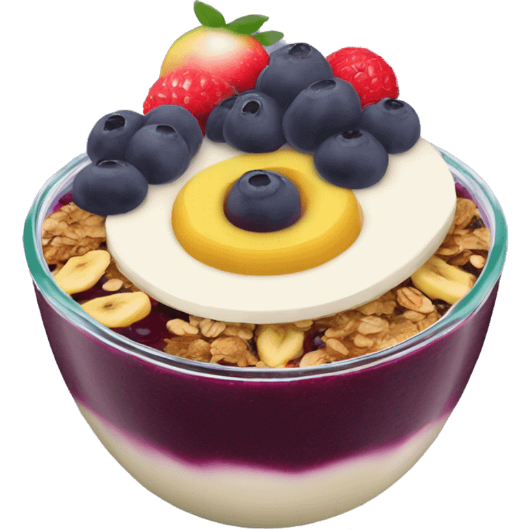 Açaí in a clear cup with layers of fruits and granola and condensed milk emoji