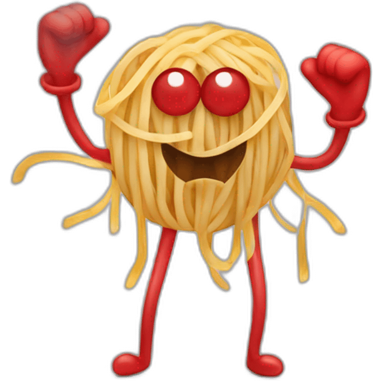 Spaghetti and meatballs with a face, arms and legs, doing something random emoji