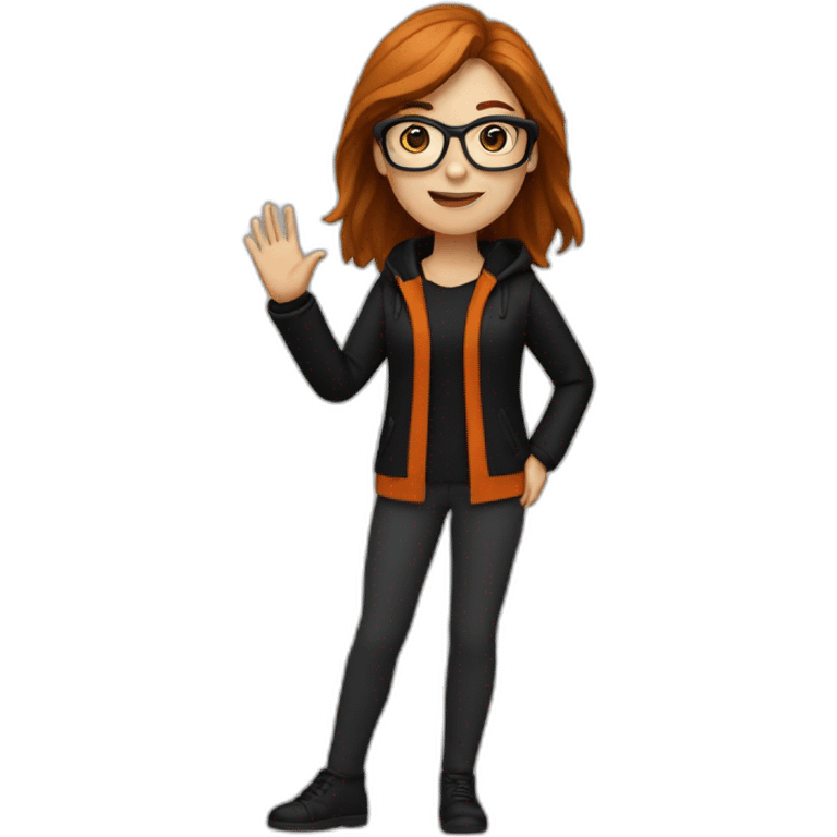 white woman waving with glasses with long straight brown hair waving wearing a dark orange sweater and black jacket emoji