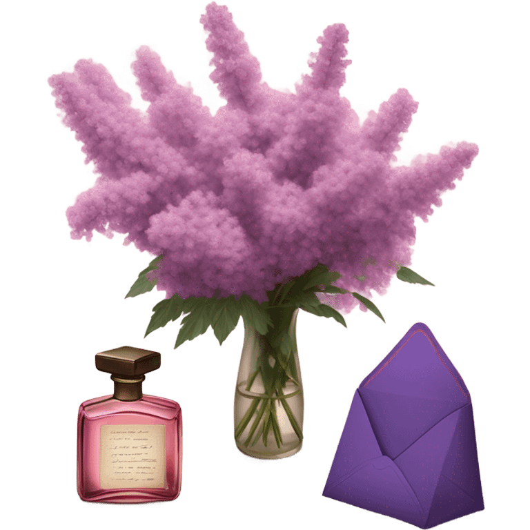 Aesthetic still life of soft pink mimosa flowers, a vintage-style purple perfume bottle, a love note, and a deep purple envelope.
 emoji