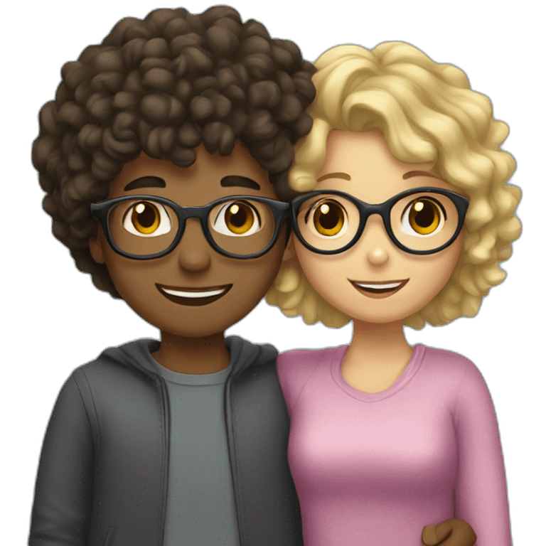 boy with curly blonde hair and glasses hugging girl with wavy black hair and glasses emoji