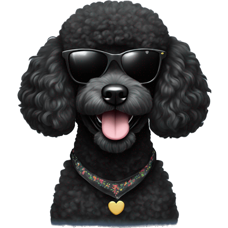 BLACK poodle wearing sunglasses with a big smile. Also with a bandanna around its neck. Dog needs to be all black emoji