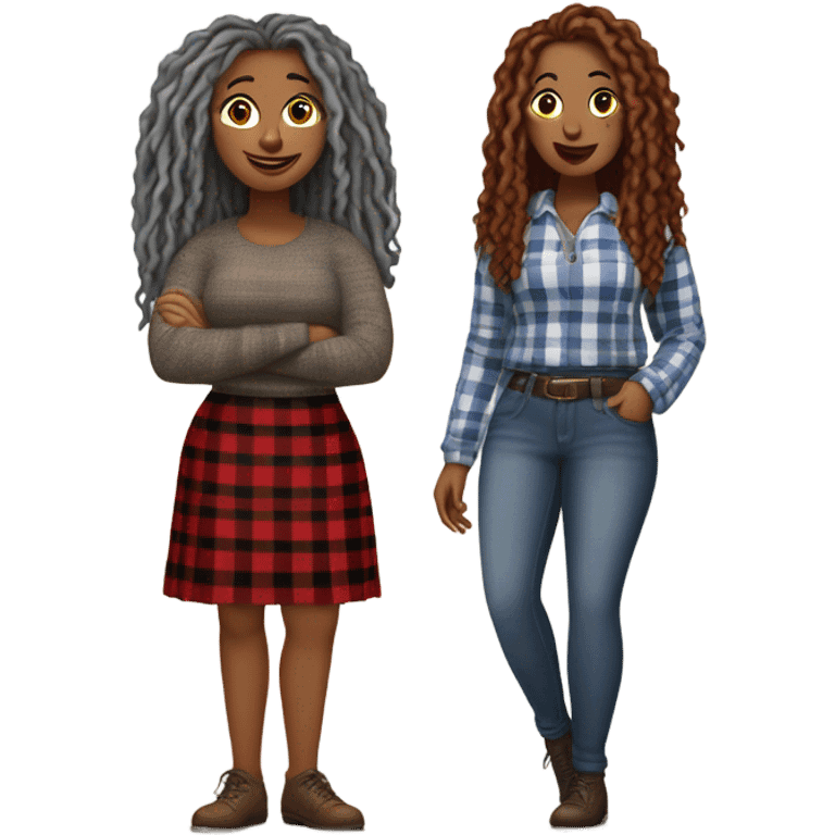 1st Curvy woman gray locs wearing pants  2nd curvy woman is brown with red locs in a skirt with a plaid sweater shopping emoji