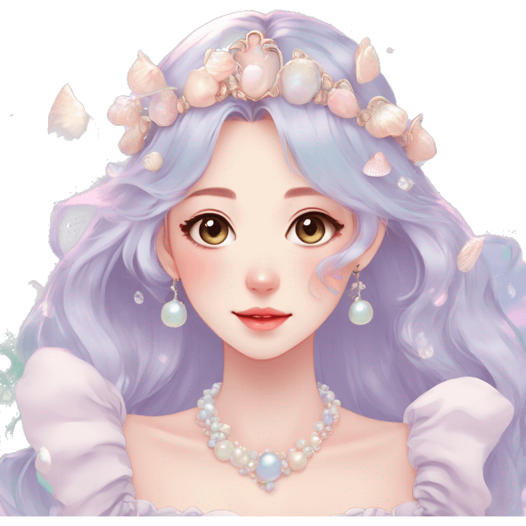 Gorgeous pastel anime style lady with blushing face and seashells tiara pearls dress necklace cottagecore fairycore pastelcore colorful pearly romantic simplistic aesthetic trending style emoji