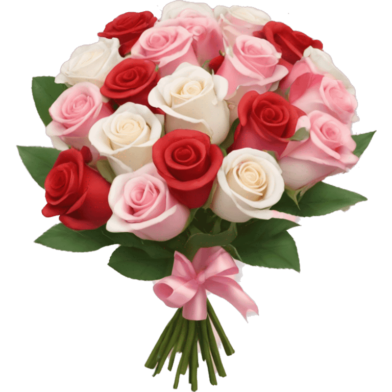 Round bouquet of red, light pink, and white roses with pink wrapping emoji