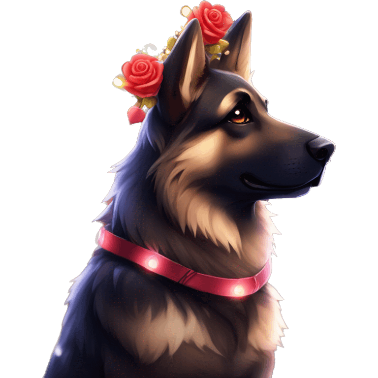 Bokeh Midnight constellation night stars Brindled striped brindle black German shepherd fox carrying glowing red lantern, fairy lights, rose flower crown, bokeh lights, out of focus blur emoji