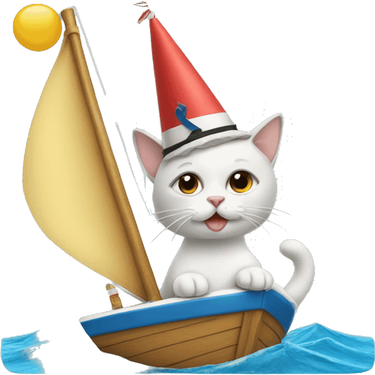 cat wearing a birthday hat on a sailboat emoji