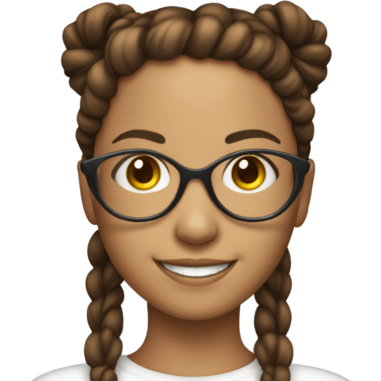 Brown haired young lady with long pigtails, futuristic glasses and a smile emoji