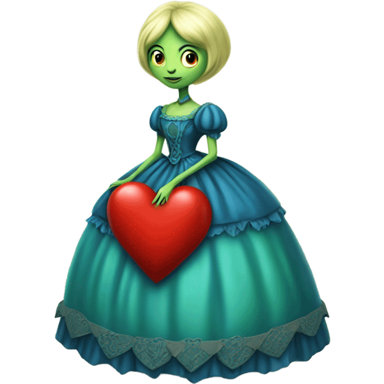 "galora green blonde alien woman" in blue Victorian dress elegant, full body, holdig red big hearth emoji