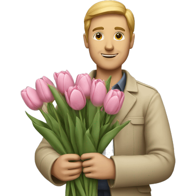 White man holding Bouquet of pink tulips emoji