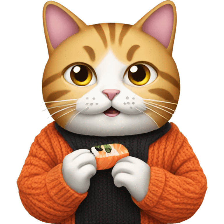 A cat wearing a sweater eating sushi  emoji