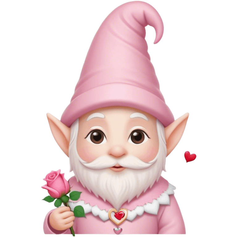 An adorable little pale pink Valentine’s Day style gnome with a rose and hearts in the background emoji