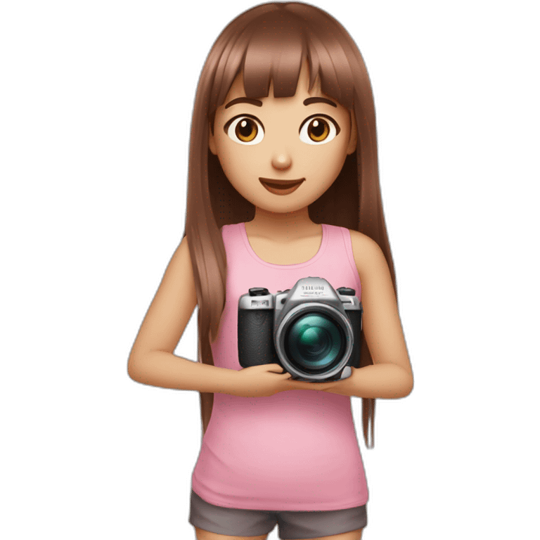 cute girl with dark brown eyes and long, straight rose hair with fringe and holding camera and wearing pink tank top emoji