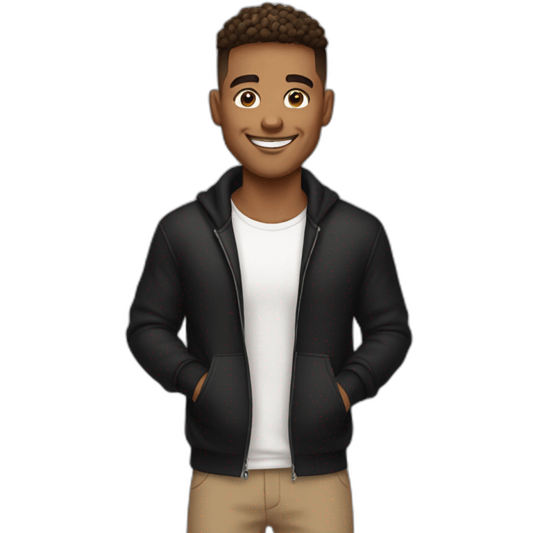 Smiling guy, barber fade haircut, wearing a black quarter zip sweater with white tee shirt under, tan skin tone emoji