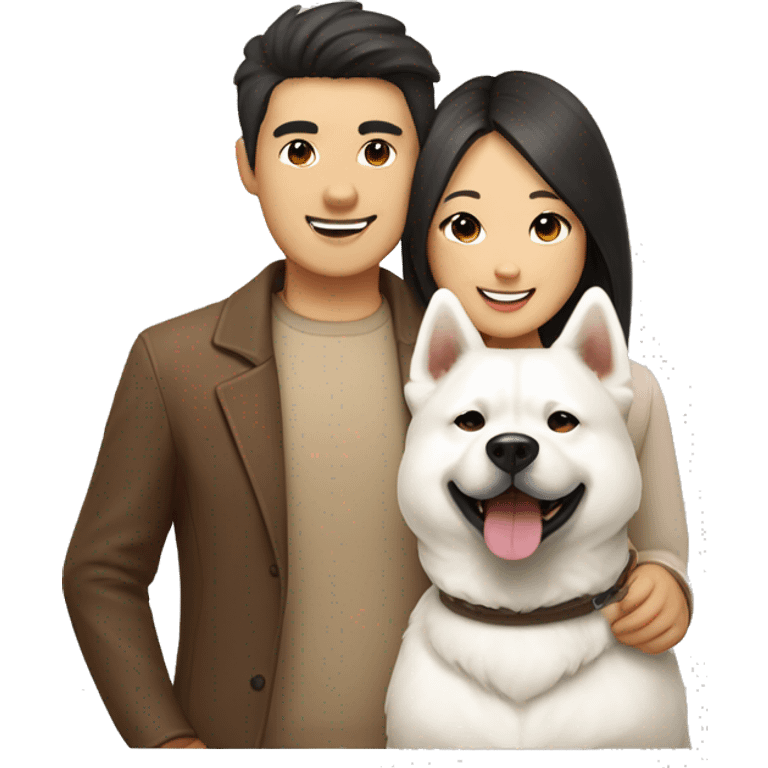 Happy Asian couple with White Japanese Akita and brown Multipoo dog emoji