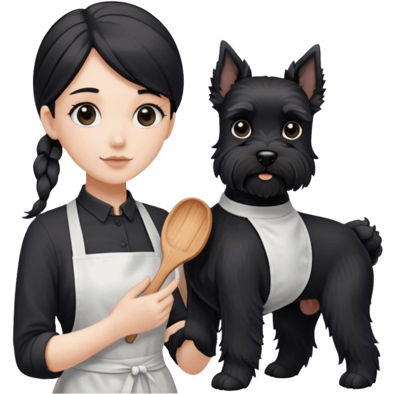 pale girl with long back hair wearing black long shirt wearing apron holding black  schnauzer emoji