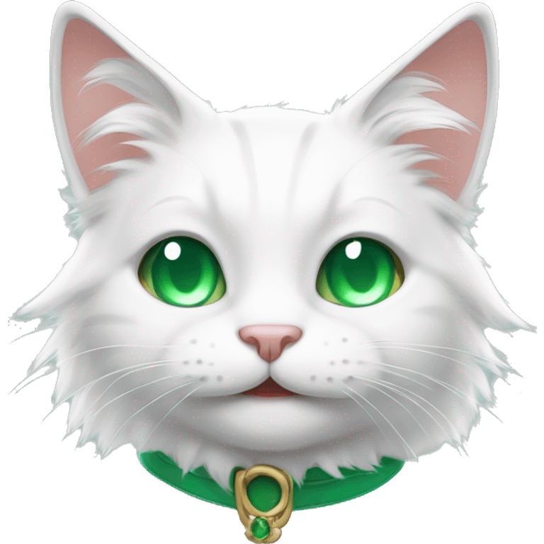 smiling white cat with fluffy ears and emerald eyes emoji