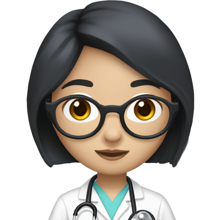 Asian girl, with white skin tone, black hair, wearing silver round harry potter glasses and a white scrub and a stethoscope  emoji