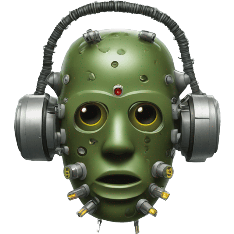 Olive green mohawk cyborg head with respirator mask and circuits emoji