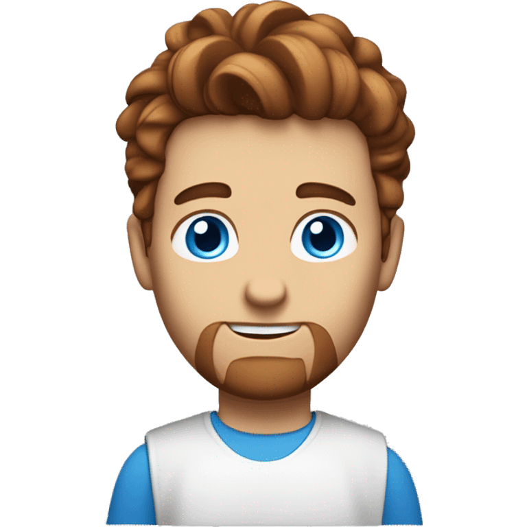 a guy with a voluminous chestnut-colored hairstyle, white skin, no curls, holding a MacBook, blue eyes, wearing a white T-shirt, average build emoji