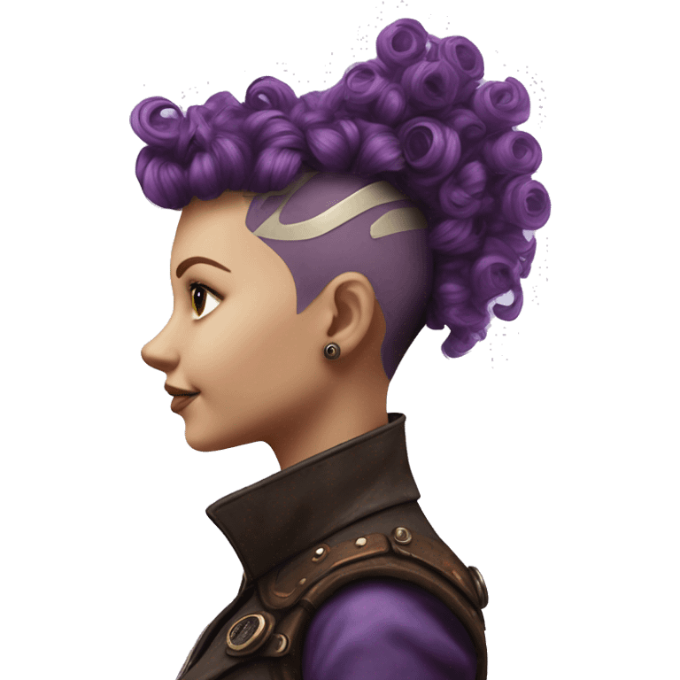 Photorealistic steampunk profile short mohawk purple  curl on Caucasian girl with small nose round face emoji