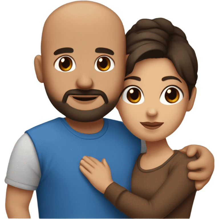 Comforting hug from brunette Puerto Rican with dark brown eyes wearing a cute blue top to short, bald man with brown eyes and a beard wearing a brown sweater emoji