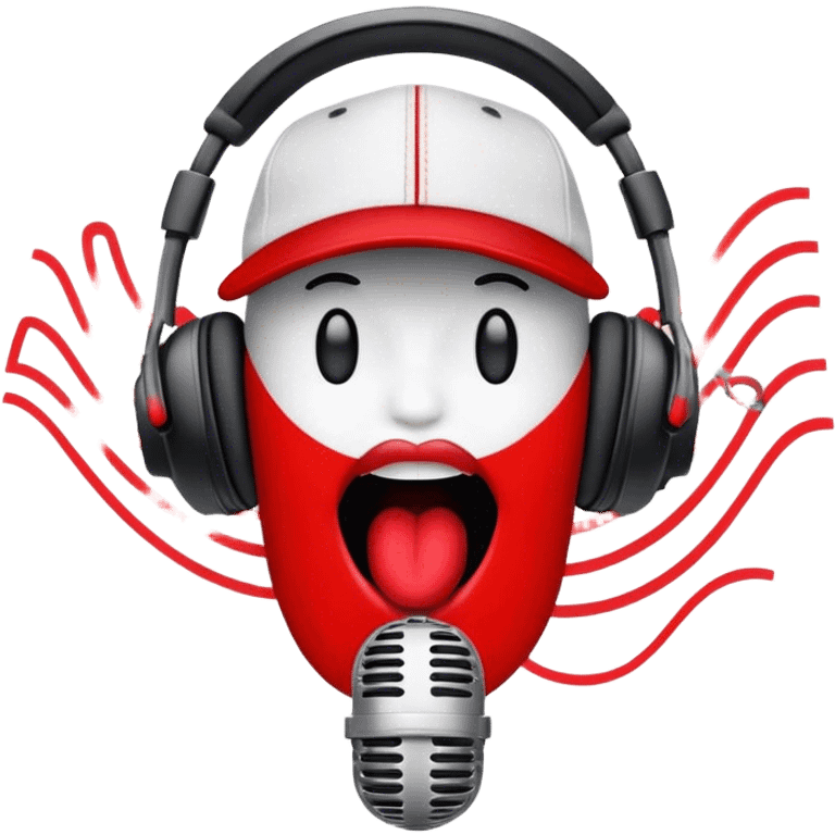 Create a dynamic and energetic emoji that represents beatboxing. The design should feature a stylized microphone with lips and baseball cap on it, sound waves emanating from it , symbolizing vocal percussion and rhythm. Add elements like headphones or a subtle speaker to emphasize the music production aspect. Use bold colors like black, white, and red to convey the intensity and creativity of beatboxing. The background should be transparent. emoji