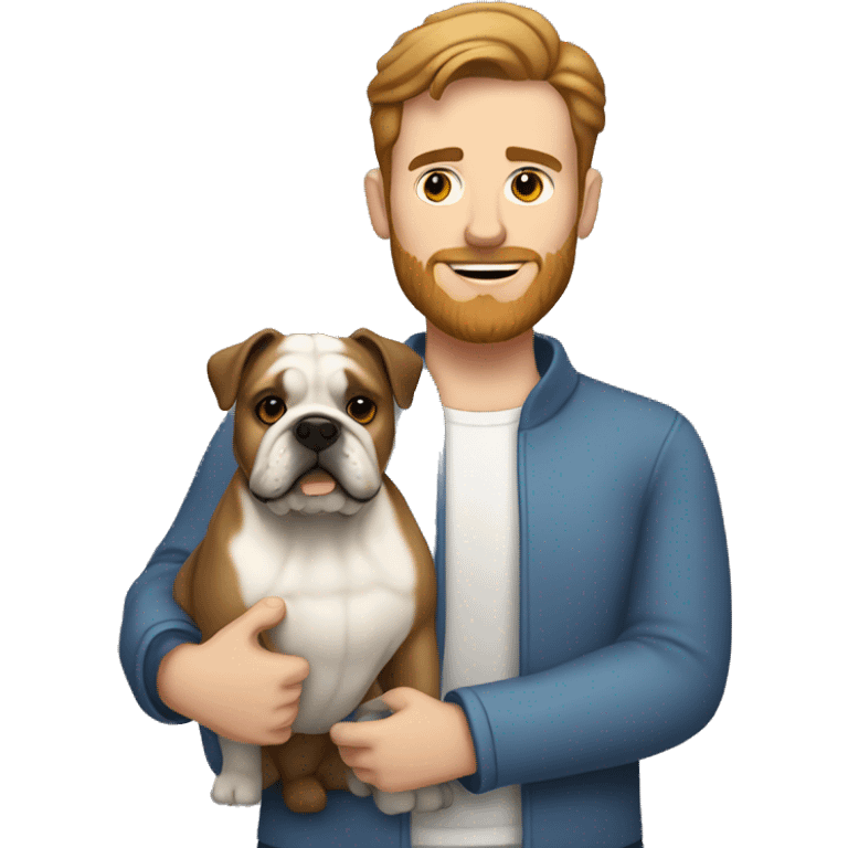 White man with brown hair and brown beard holding white bulldog  emoji