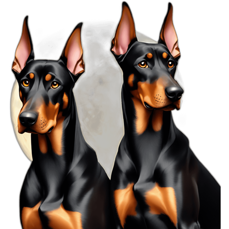 Two dobermans sitting no cropped ears with big moon emoji