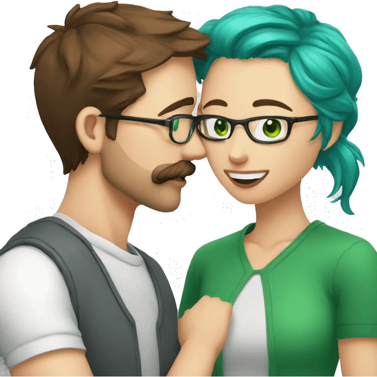 A man with brown hair blue eyes and a mustache is kissing a green haired girl who is thin with green eyes and wearing glasses emoji