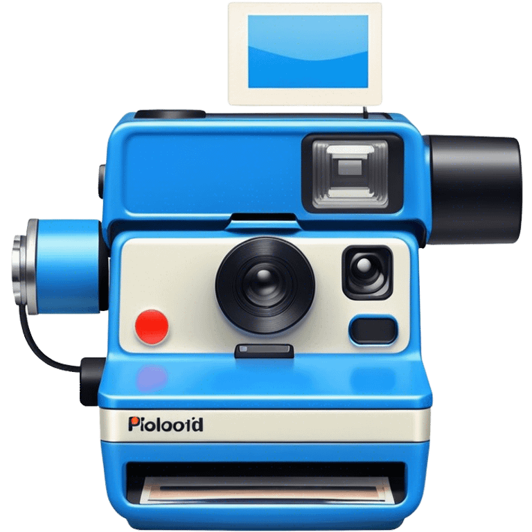 blue polaroid camera with photo dispensing emoji