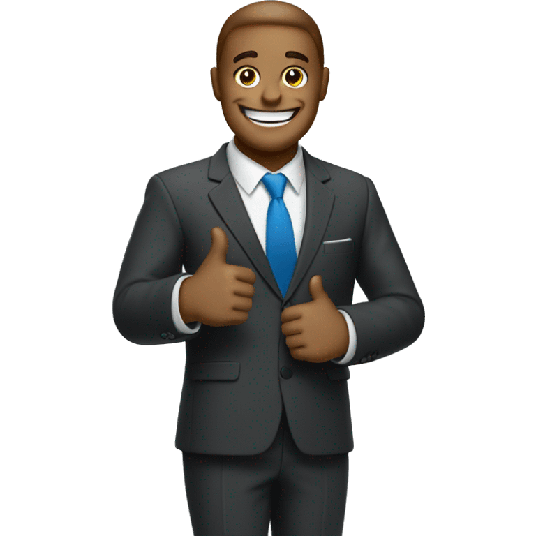 An emoji with a big smile giving a thumbs up, perhaps holding a pen or wearing a business suit. emoji