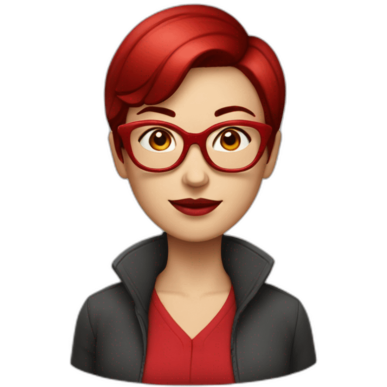 white woman with pixie cut dark red sleek hair and big red glasses wearing red clothes emoji