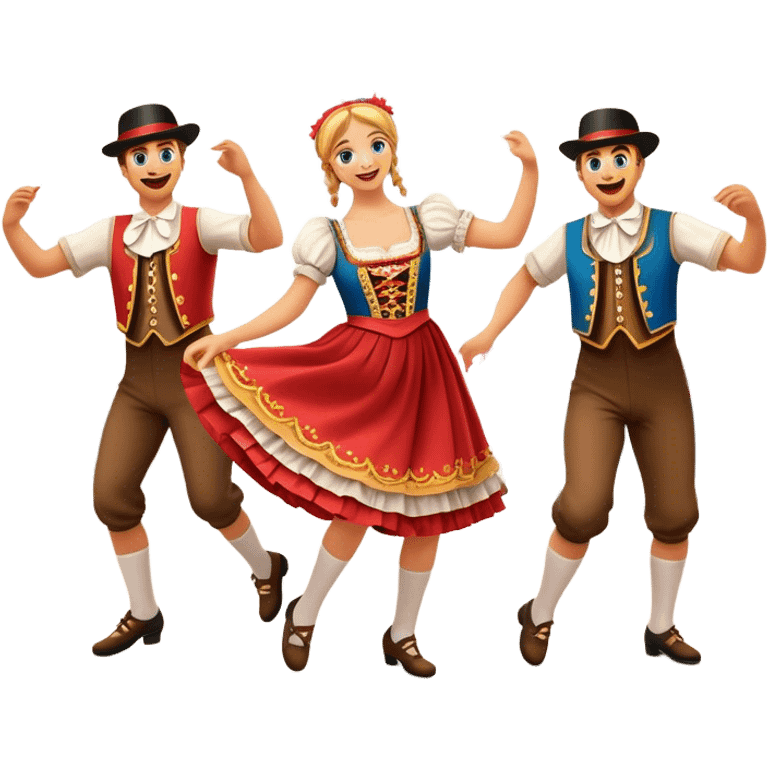 Cinematic Realistic Schuhplattler Dance Emoji, depicted as a lively traditional folk dance scene with performers in authentic Bavarian costumes, rendered with dynamic textures and festive natural lighting that captures the spirit of rural celebration. emoji