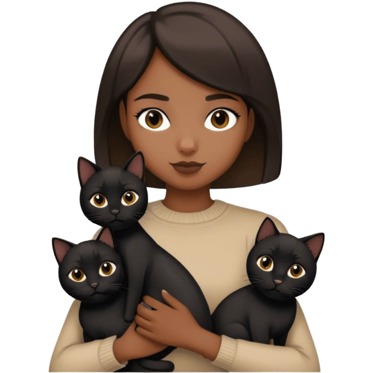 Tan girl with short hair holding two black cats emoji