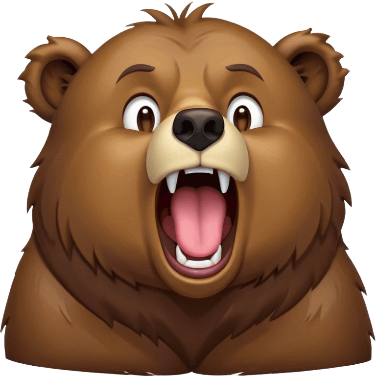 Cinematic Cute Yawning Grizzly Bear Portrait Emoji, Head tilted slightly with a dramatic, wide-open yawn, showcasing a thick, rugged deep brown fur with drooping ears, round eyes barely open in drowsy contentment, Simplified yet irresistibly adorable features, highly detailed, glowing with a soft, cozy glow, high shine, relaxed yet expressive, stylized with a touch of wild whimsy, bright and endearing, soft glowing outline, capturing the essence of a sleepy yet affectionate grizzly, so drowsy it feels like it could stretch out of the screen and curl up for a nap! emoji