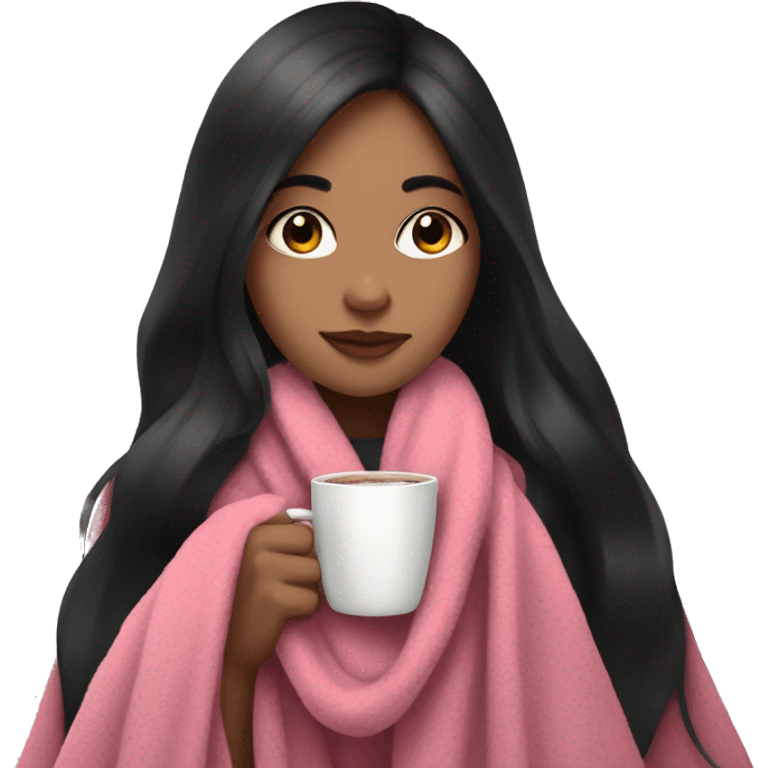 Girl with black long hair with long lashes with pink blanket on while drinking hot chocolate  emoji