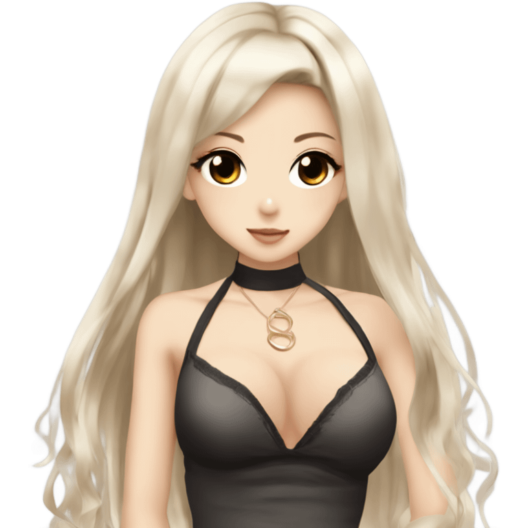 hime gyaru girl with LONG SILKY BLACK HAIR, with beige satin halter top with chest, very pale skin and pretty brown monolid eyes emoji