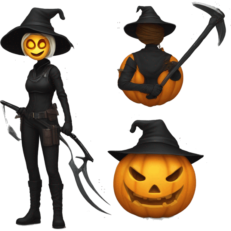 Human female pumpkin hunter with a scythe, glowing pumpkin eyes inside a black helmet, Halloween theme, emoji" emoji