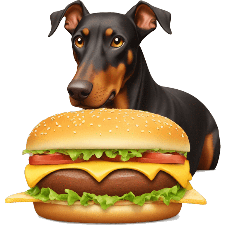 Brown dobermann eating burger emoji