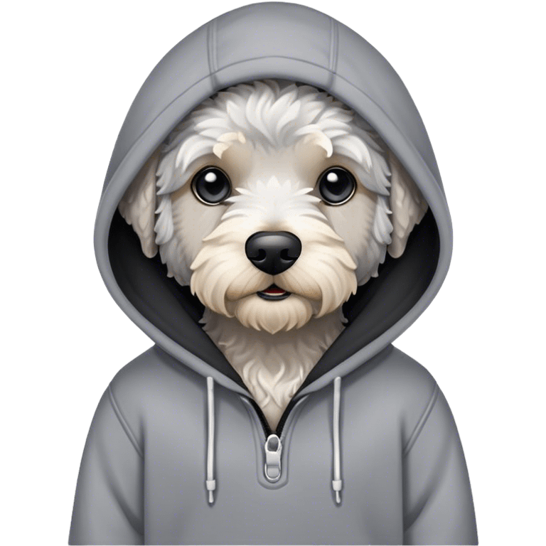 Mini labordoodle gray and black in a hoodie emoji