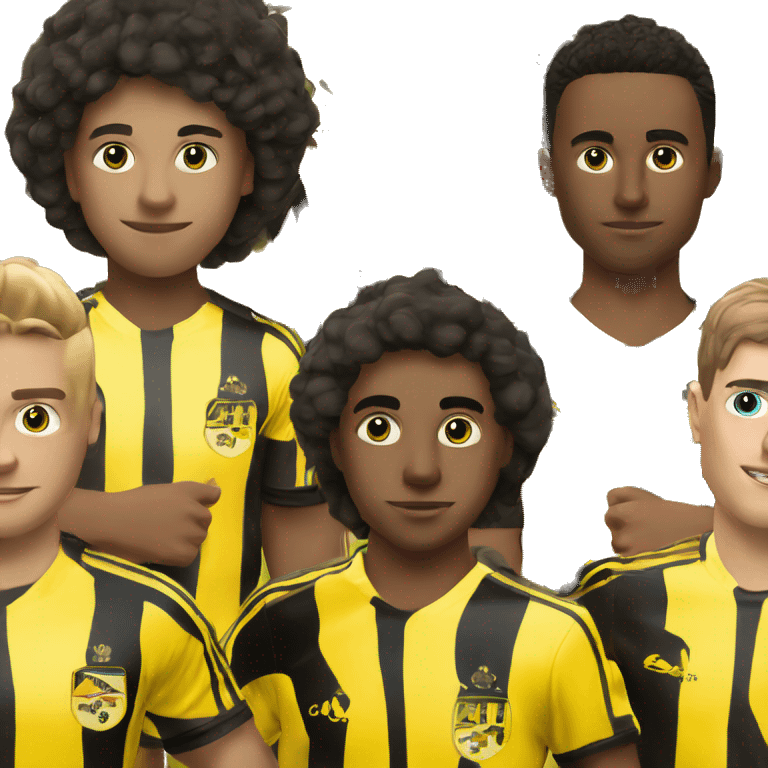 5 people that wears a black yellow football kit with yellow shorts, the kit is look like an art and there is an potato image on the left up on the kit emoji