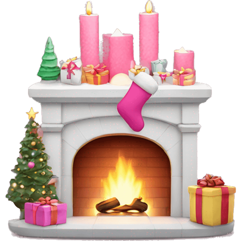 Mini pink fireplace with stockings, tiny gifts, and twinkling lights above emoji