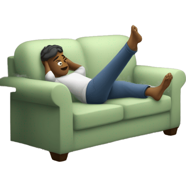 A person lying on a sofa, one leg crossed over the other, with hands behind the head, relaxing in a cozy setting emoji