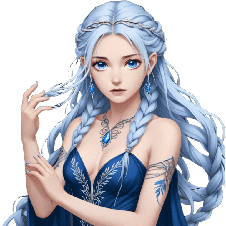 A cold and formidable female Fae with piercing steel-blue eyes, her gaze sharp enough to cut. Her long, silver-streaked hair is swept into a loose yet elegant braid. Dressed in a dark, form-fitting gown with intricate silver embroidery, she exudes an aura of untouchable power. Her fingers rest lightly on the hilt of an obsidian dagger, the only outward sign of the warrior within emoji