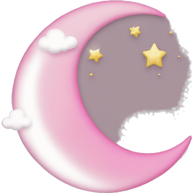 Pink crescent moon with sparkly white clouds emoji