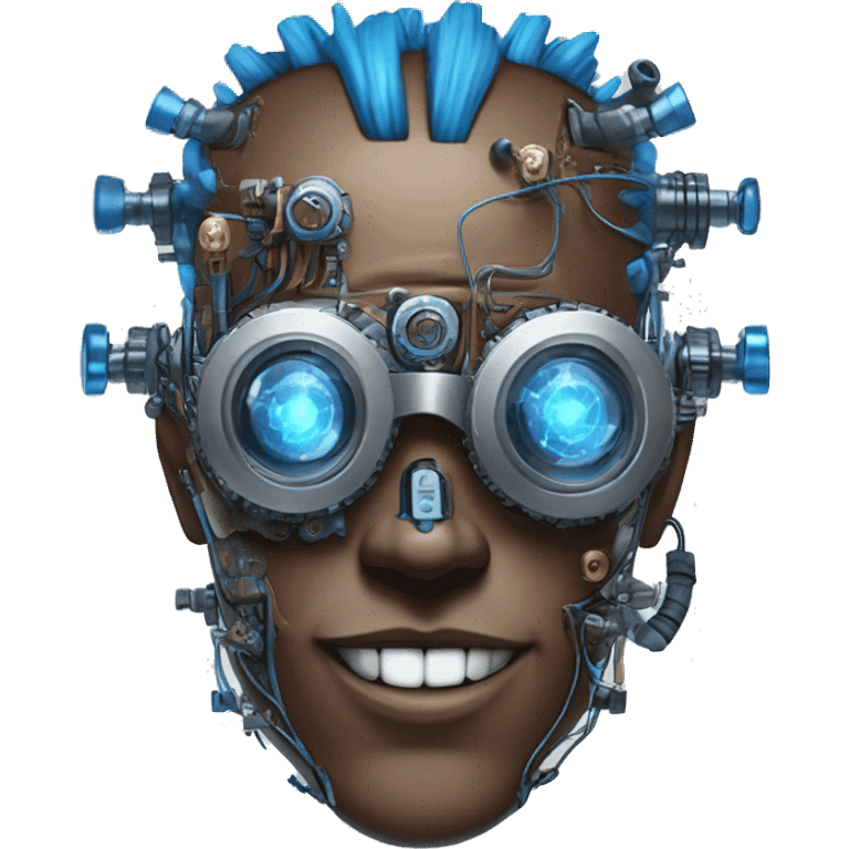 Brown cyborg head with blue Mohawk, blue beard, silver steampunk monocle goggles a smile and circuits emoji