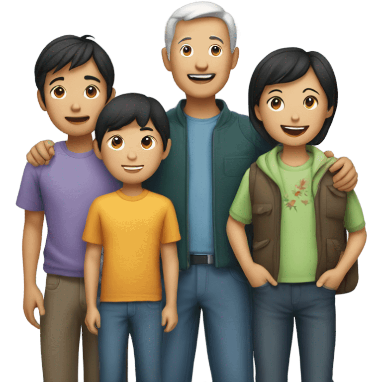 A group of four Asian friends with one older female one older male and two young boys emoji